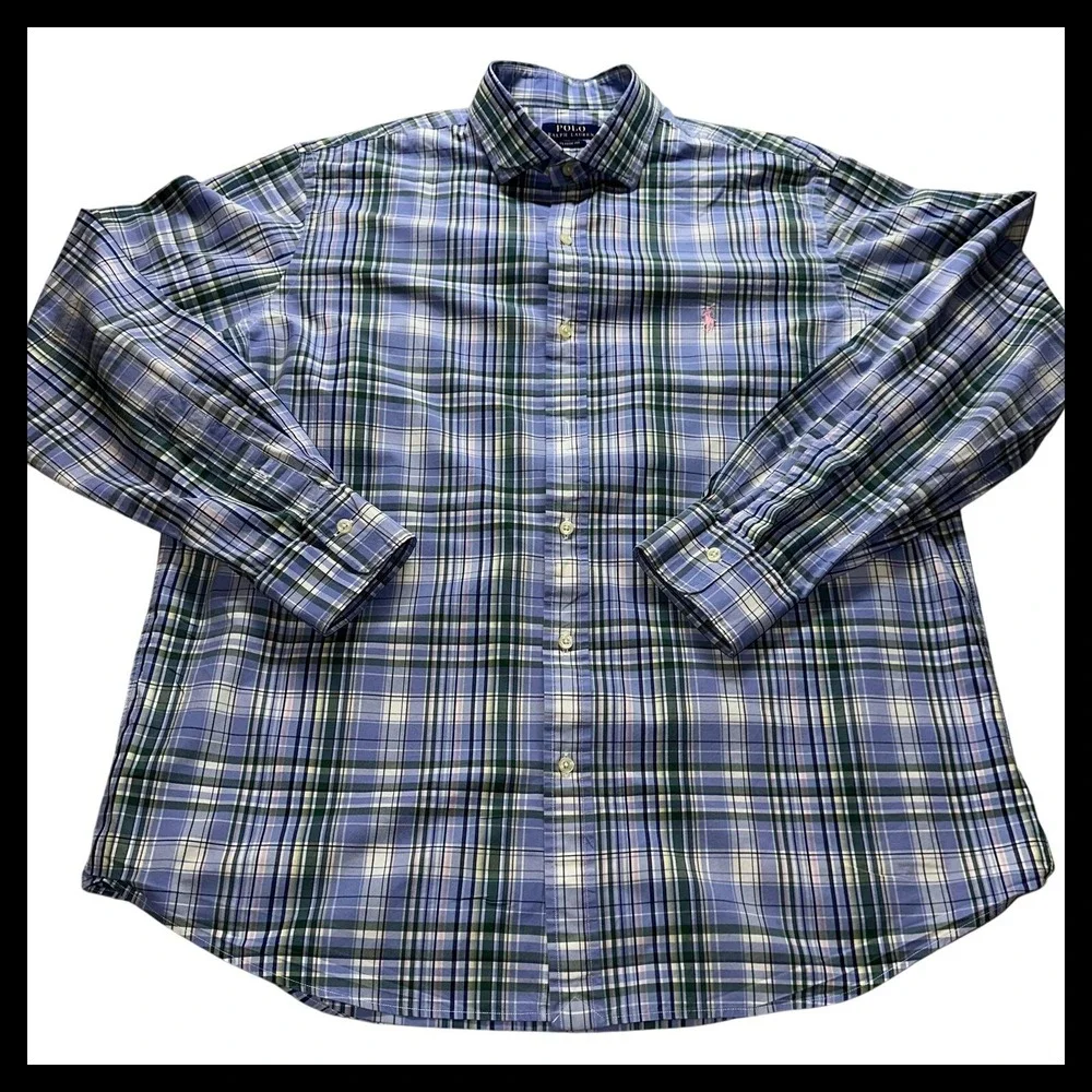 Polo Ralph Lauren Button Down Shirt Mens XL Blue Green‎ Plaid Classic Fit Preppy